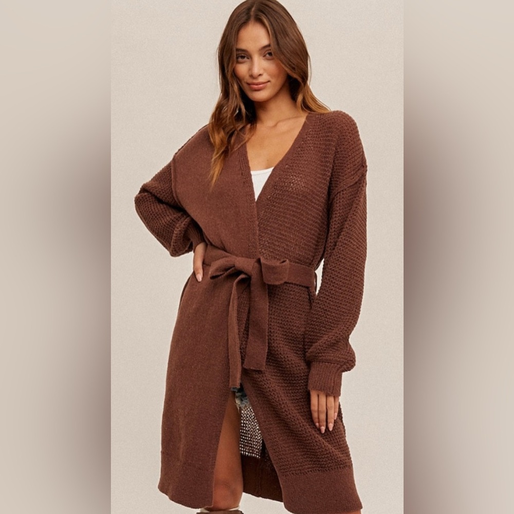 Arona Merlot Waffle Texture Belted Longline Cardigan Sweater